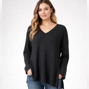 Smartwool Shadow Black Ribbed V-Neck Wool Sweater | Long Sleeve | Women’s Large